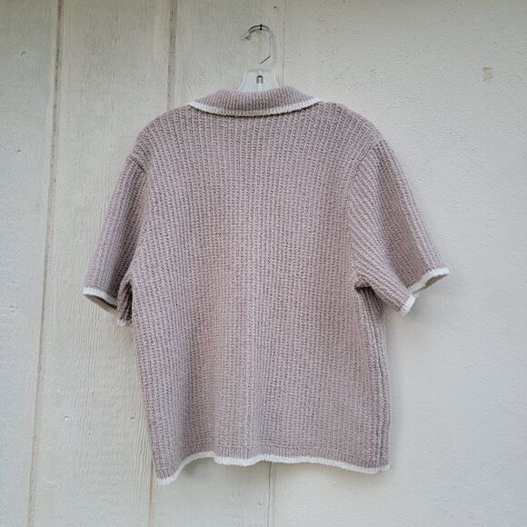 Abercrombie Fitch Tan/wht Button Up Collared Cardigan Shrt Sleeve Sweater Wmns L - Picture 2 of 4